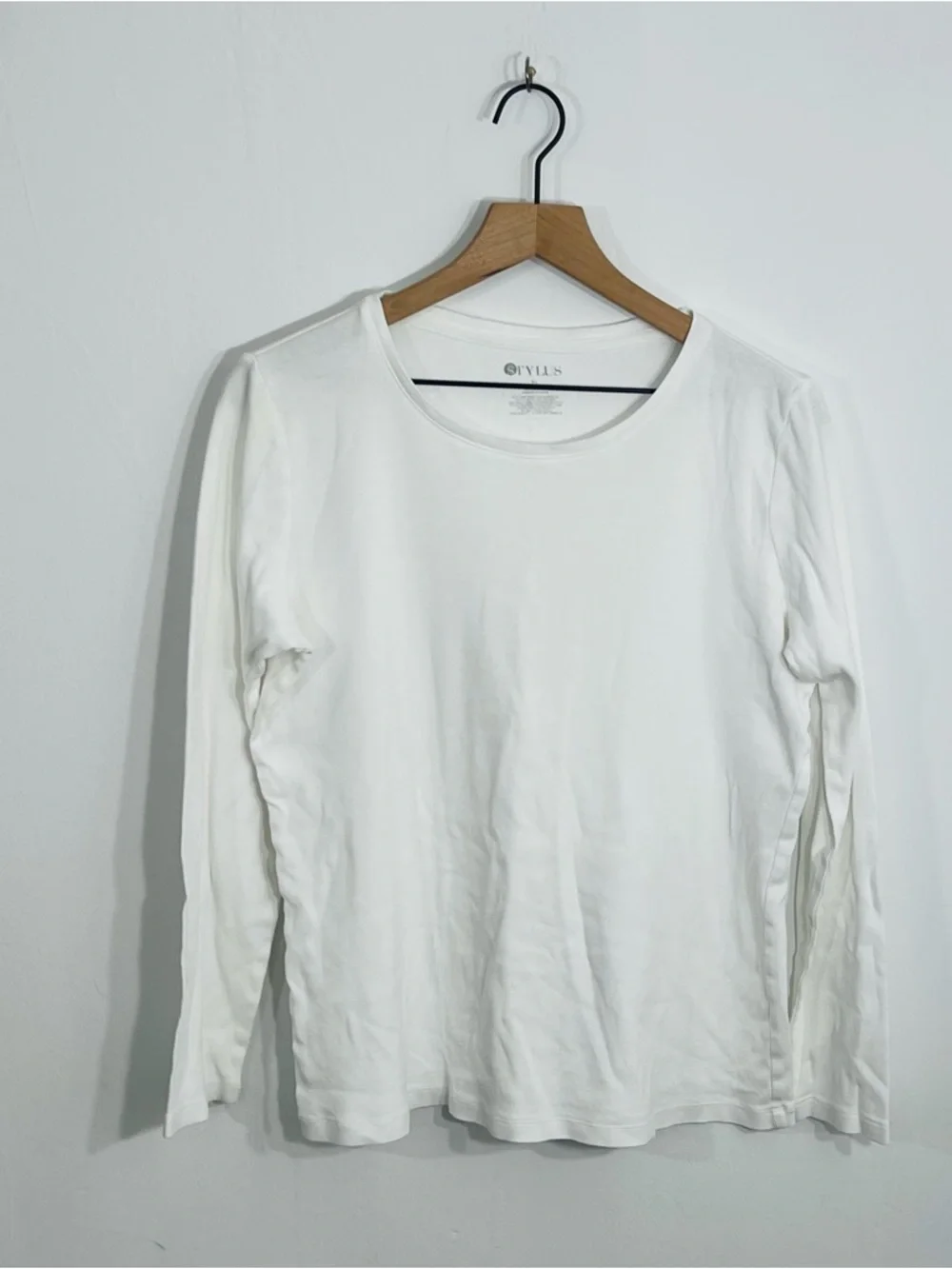 Stylus White Long Sleeve Pullover Scoop Neck Casual Top 100% Cotton Layering Top - Picture 3 of 4